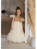 Ruffle Sleeves Gold Sequin Champagne Tulle Unique Flower Girl Dress